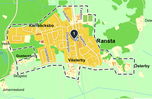Kartbild över Ransta som visar vad som tillhör tätorten.