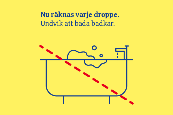 IIllustration och text med budskapet att undvika att bada badkar.