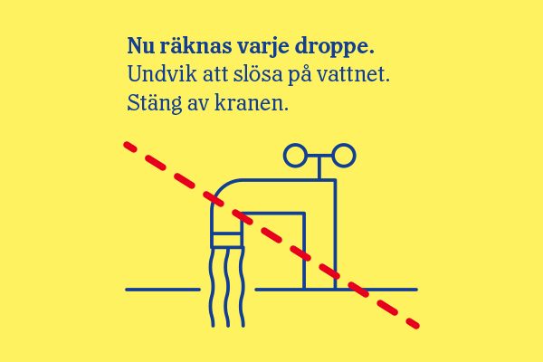 IIllustration och text med budskapet att undvika att slösa på vattnet.