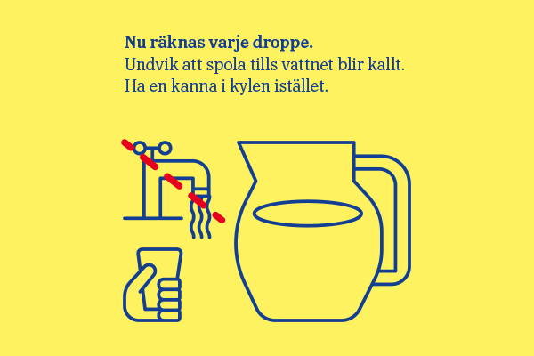 IIllustration och text med budskapet att undvika att spola tills vattnet blir kallt.